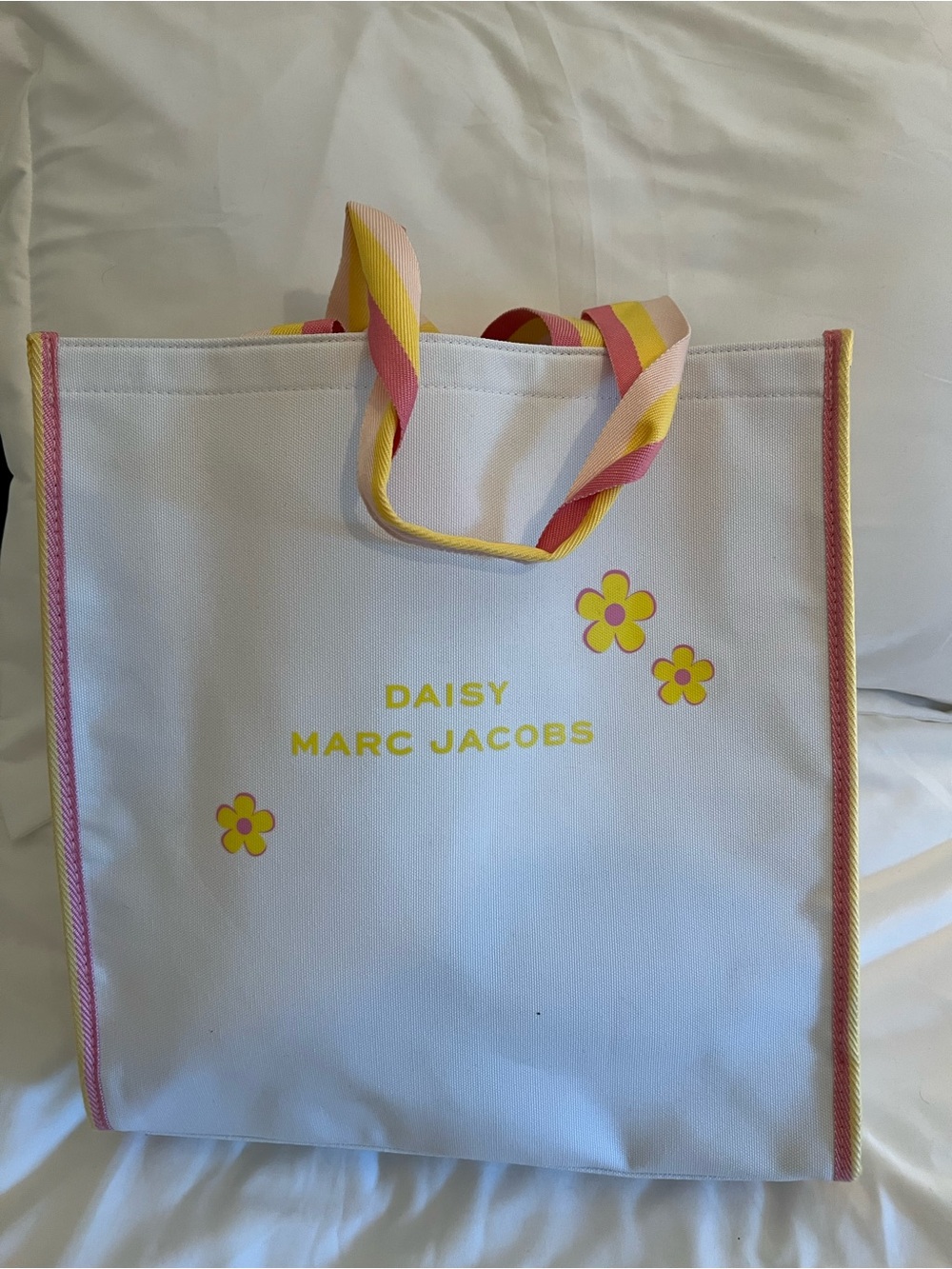 Marc Jacobs White Canvas Tote with Yellow Logo and Pink Trim